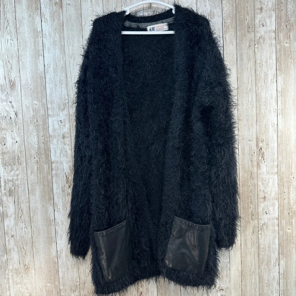 H&M Girls Black Fuzzy‎ 3/4 Lenght Cardigan Faux Leather Pockets Youth Size 8 10